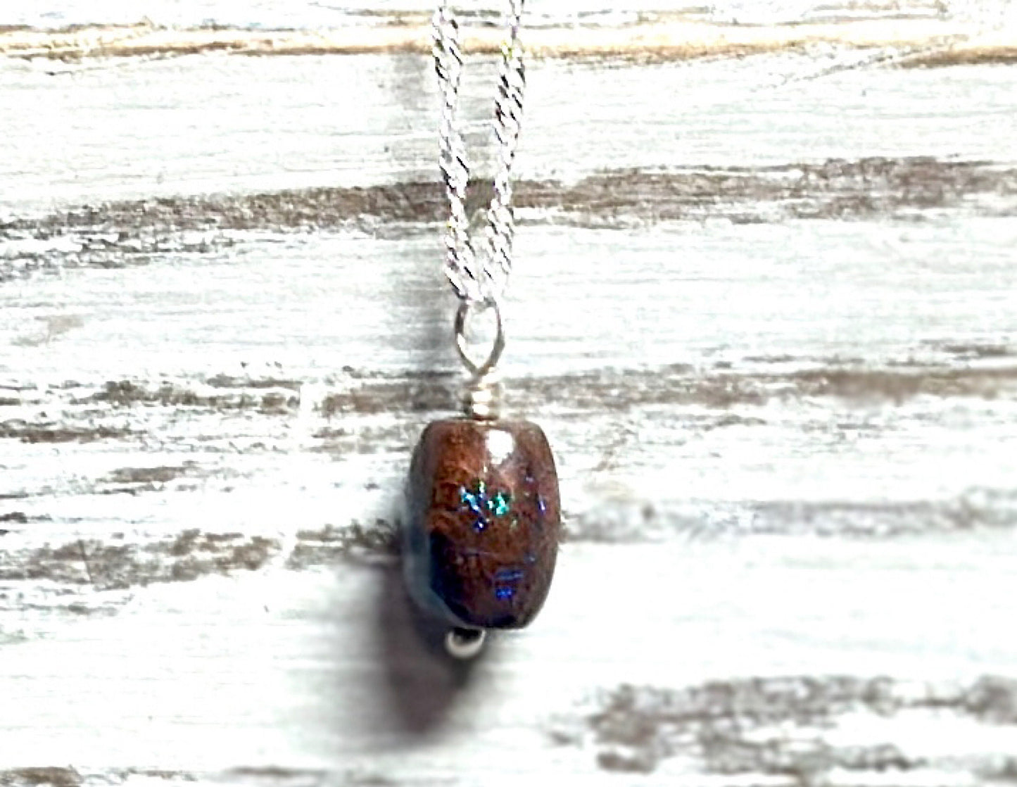 Colorful Genuine Boulder Opal Barrel Bead Minimalist Pendant Necklace, Sparkling 11.2x8.4mm Sterling Silver Chain and Opal
