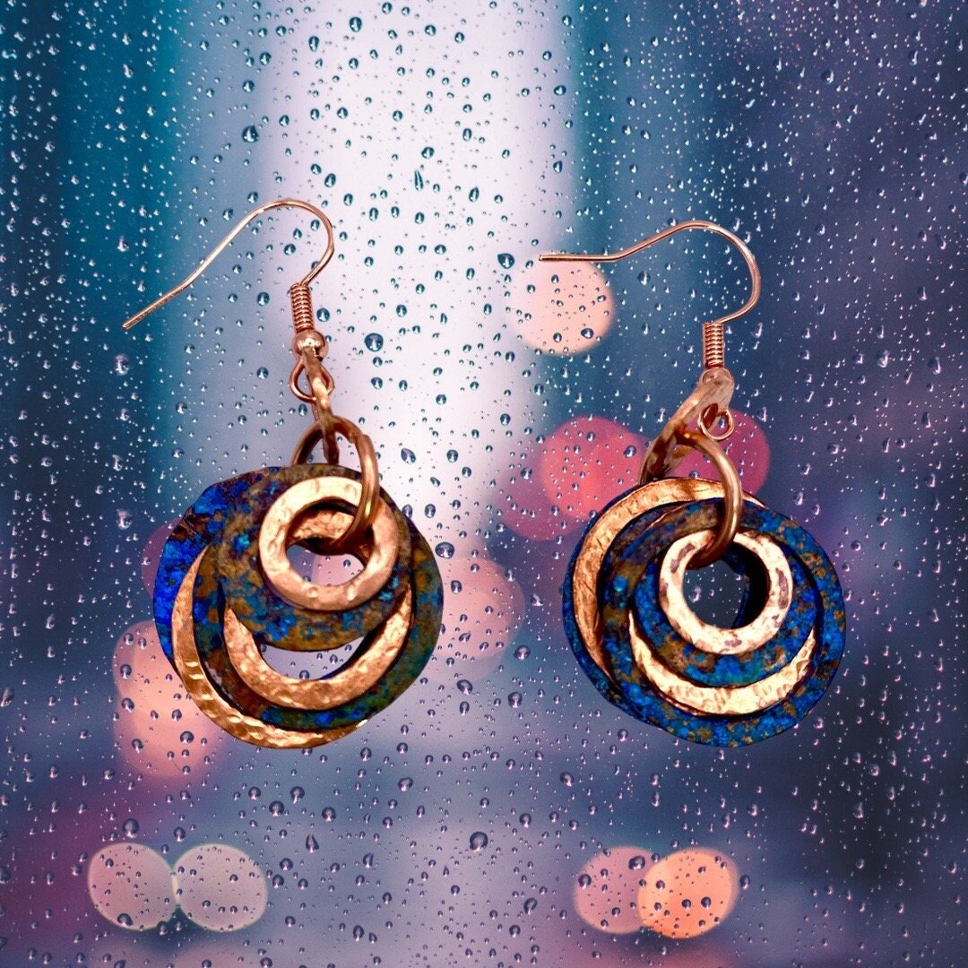 Deep Blue Patina Raw Solid Copper Earrings, Ear Dangles, Minimalist BoHo, Artisan Washer Jewelry, Recycled, For Her, Handmade in the USA