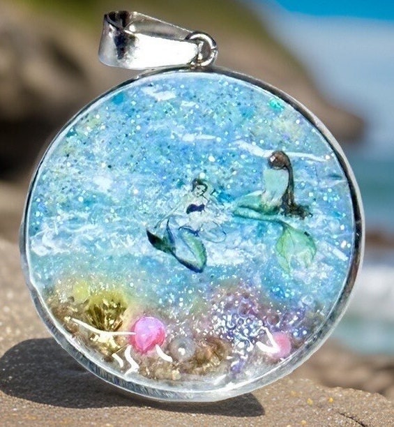 Mermaid Resin Necklace, Ocean Nautical Stainless Steel or Wood Bezel Sea Life Pendant, Girls, Boys, Women, Paint Skin Jewelry, Handmade USA 14” Blue